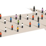 Graphic of directional arrow concept pointing forward with group of small people standing together, following the arrow.