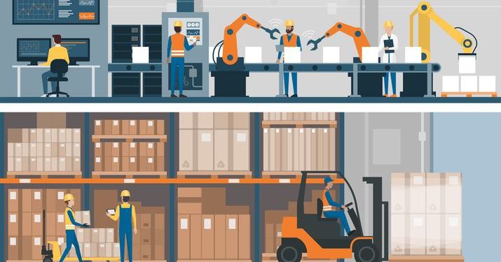 Graphic depicting the innovation of supply chain by showing a top floor where an office worker is working on a computer next to machines creating and boxing up a product, and below them there's a warehouse full of boxes where three employees load them onto a machine.