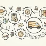 Graphic depiction of the difference between supply chain and logistics, with items drawn out such as a time clock, map, airplane and delivery trucks.