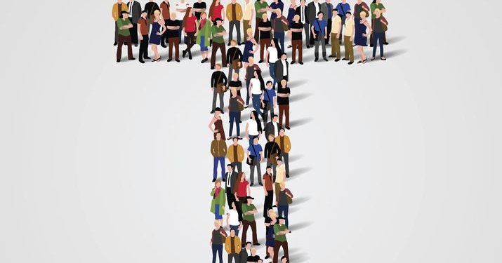 Aerial view of an illustration of small animated people standing in the shape of a "T" against a white background to exemplify t-shaped supply chain talent.