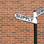 Directional sign with two arrows reading "supply" and "demand" against a brick wall.