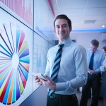 Male manager in front of data graphs on screen in meeting room with team members behind him analyzing data.