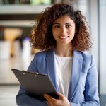 Young female human resources specialist holding a clipboard.