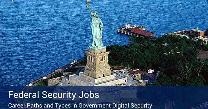 The statue of liberty with a poster on the bottom of the picture that reads "federal security jobs".