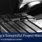 A poster that says "becoming a successful project manager" with a black keyboard in the background.