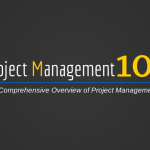 A black poster with white and yellow letter that says "project management 101".