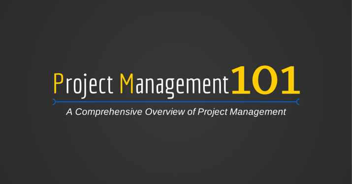 A black poster with white and yellow letter that says "project management 101".