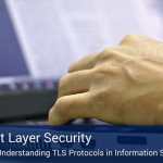 Close up of hands typing on a computer with a poster in the bottom of the picture that says "transport layer security".