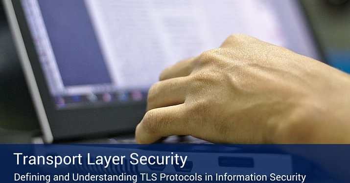 Close up of hands typing on a computer with a poster in the bottom of the picture that says "transport layer security".