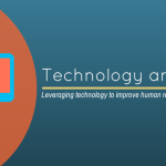 Blue background with a blue and orange illustration of a computer that has the words "technology and HR - leveraging technology to improve human resources efficiency".