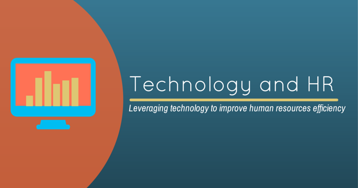 Blue background with a blue and orange illustration of a computer that has the words "technology and HR - leveraging technology to improve human resources efficiency".