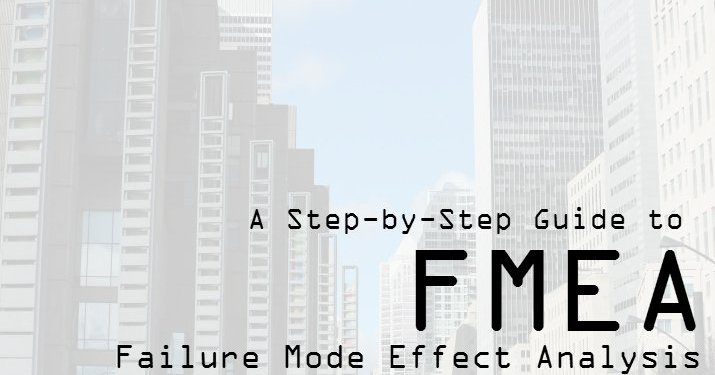 A black and white illustration of a city with tall buildings that says "a step-by-step guide to FMEA failure mode effect analysis".