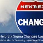 An illustration of a street sign that is in the shape of a badge that says "next exit" in small letters on the top of the sign in red and a blue part of the bottom of the sign that reads "changes" with the backdrop of a blue sky.