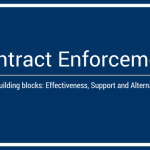 Blue sign that reads "contract enforcement - key building blocks: effectiveness, support and alternatives".