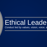 A blue and gray banner that says "ethical leadership: conduct led by value, vision, voice, and virtue".
