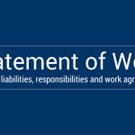 A blue background with white text that says "statement of work - defining liabilities, responsibilities and work agreements" in white letters.