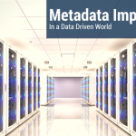 Hallway of a brightly lit server room, with a blue banner that reads "Metadata Importance".