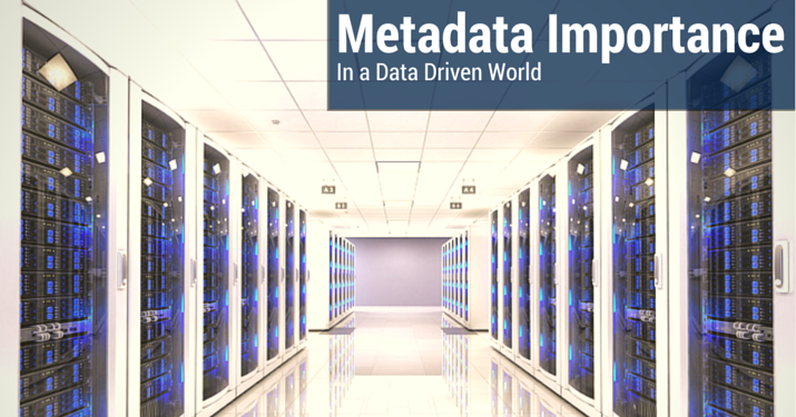 Hallway of a brightly lit server room, with a blue banner that reads "Metadata Importance".