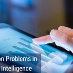 An ipad with a bar chart on the screen and a sign on the picture at the bottom that says "5 common problems in business intelligence".