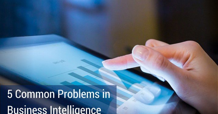 An ipad with a bar chart on the screen and a sign on the picture at the bottom that says "5 common problems in business intelligence".