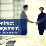 Out of focus view of three business professionals shaking hands, with a banner that reads "Contract Management".