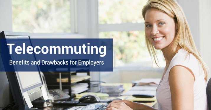 A woman working at home on her computer, with a banner that reads "Telecommuting".