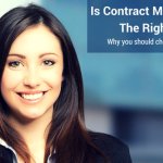 Business woman smiling into the camera, with a banner that reads "Is Contract Management the Right Fit?".