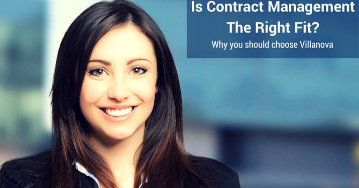 Business woman smiling into the camera, with a banner that reads "Is Contract Management the Right Fit?".