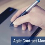 Close up of someone writing on a tablet, and a banner that says "agile contract management".