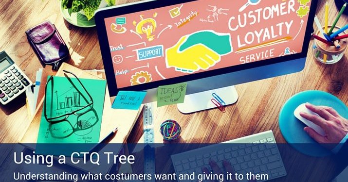 Someone using a desktop computer with a colorful graphics on the screen that say "Customer Loyalty", with a banner that reads "Using a CTQ Tree".