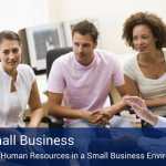 Five co-workers sitting on office chairs in a circle, while one woman talks about HR in small business.