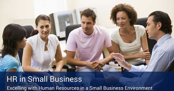 Five co-workers sitting on office chairs in a circle, while one woman talks about HR in small business.