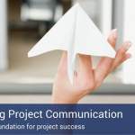 A blue banner that says "improving project communication" against the background of a white paper plane.