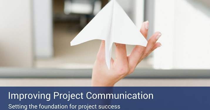 A blue banner that says "improving project communication" against the background of a white paper plane.