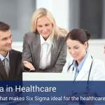 Four healthcare professionals looking at a computer together with a blue banner that reads "six sigma in healthcare".