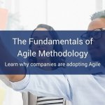 A blue banner that says "The fundamentals of Agile Methodology" on top of the image of two coworkers sticking post-in notes to a wall.