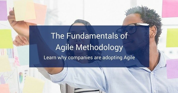 A blue banner that says "The fundamentals of Agile Methodology" on top of the image of two coworkers sticking post-in notes to a wall.