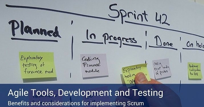 A sprint board on a wall that is titled "Sprint 42" and below that are stages for the sprint labeled "Planning, In progress, and Done" with post it notes containing tasks under each stage.