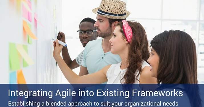 Four co-workers holding markers and pens writing on a whiteboard and post-it notes stuck onto the wall, planning an agile waterfall.