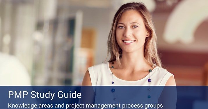 A woman smiling into the camera with a sign at the bottom of the image that says "PMP Study Guide".