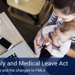A woman with a baby at a table with her laptop, phone, and a cup of coffee, and a banner on the bottom of the image that says "The Family and Medical Leave Act".
