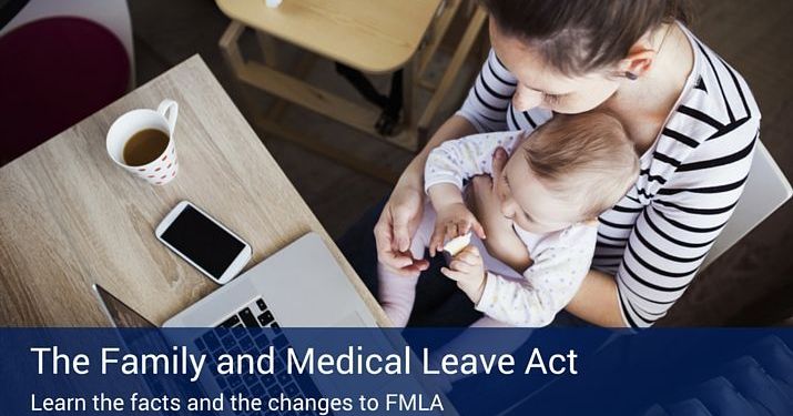 A woman with a baby at a table with her laptop, phone, and a cup of coffee, and a banner on the bottom of the image that says "The Family and Medical Leave Act".