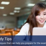 A woman sitting in a library studying on her computer and a blue banner that says "PMP Study Tips".