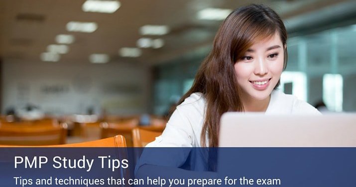 A woman sitting in a library studying on her computer and a blue banner that says "PMP Study Tips".