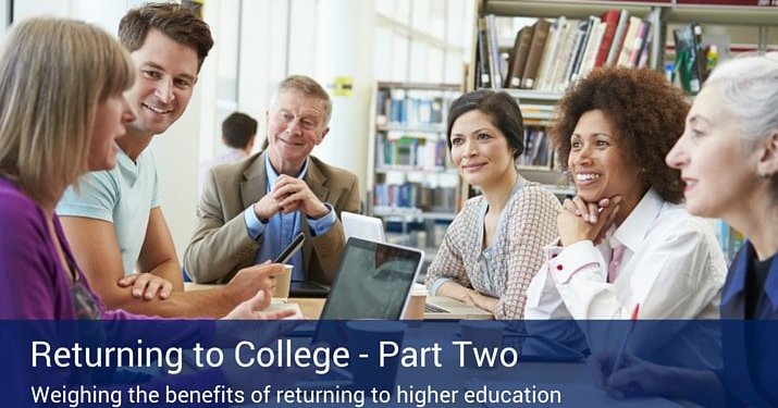 Returning college students sitting around a table and listening to one woman talking while on her computer, with a banner across the image that says "Returning to College - Part Two".