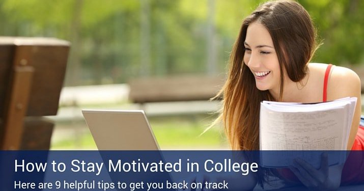 An online student sitting outside doing homework on her comuter, with a banner that says "how to stay motivated in college".