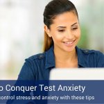 A banner that says "5 ways to conquer test anxiety" with a woman in the background on her computer.