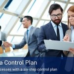 Two business people, one man and one woman, both looking at a clipboard together with two other businessmen in the background shaking hands, and there is a banner across the bottom of the image that reads "Six Sigma Control Plan".