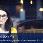 A woman smiling into the camera with a pen in her hand and a banner going across the bottom of the image that says Smart Action Plan.