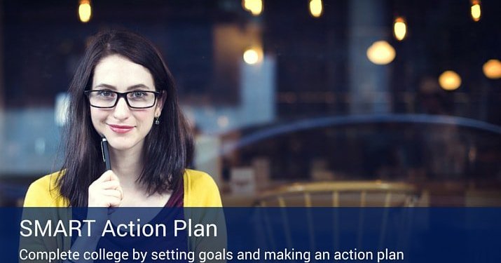 A woman smiling into the camera with a pen in her hand and a banner going across the bottom of the image that says Smart Action Plan.